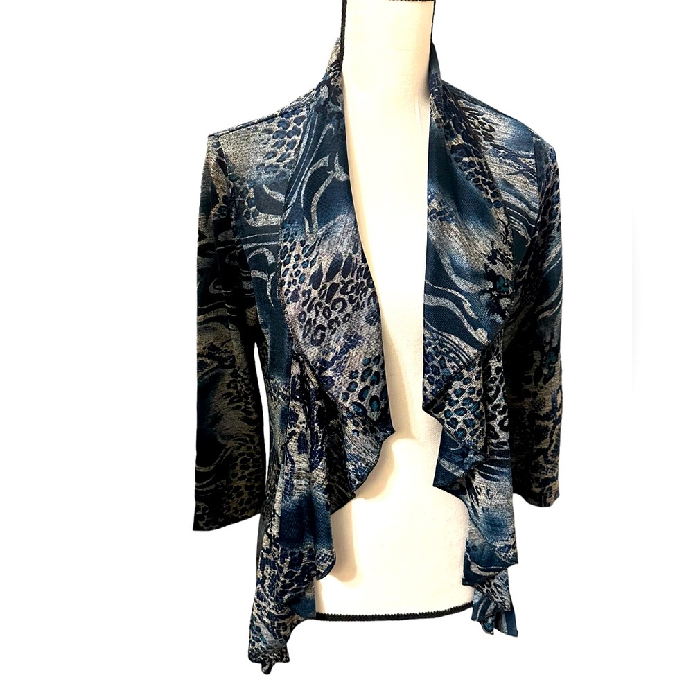 Jaipur Open Front Top Animal Print 3/4 Sleeve Ruffle Jersey Knit Stretchy Medium